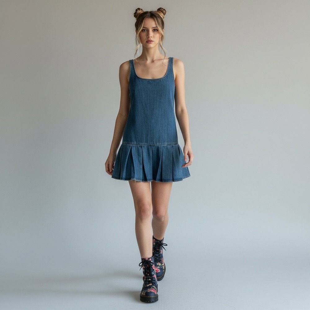 Zara Indie Sleaze 90s Grunge Revival Y2K Denim Pleated Scoop Neck Dress XS Blue